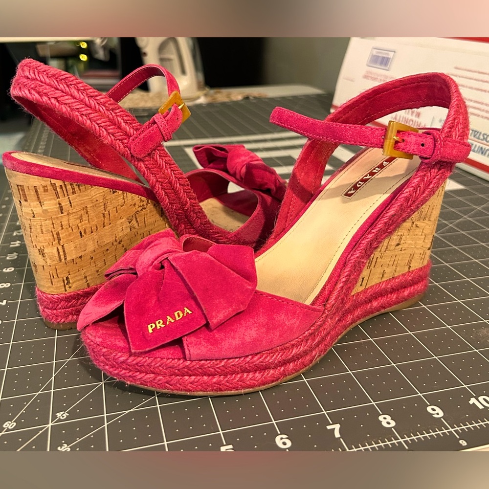 Prada Pink Suede Wedge Open Toe Heels Women Size 9